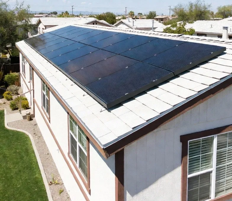 Solar panels installed on the roof of a mobile home in California, showcasing renewable energy solutions for homeowners.