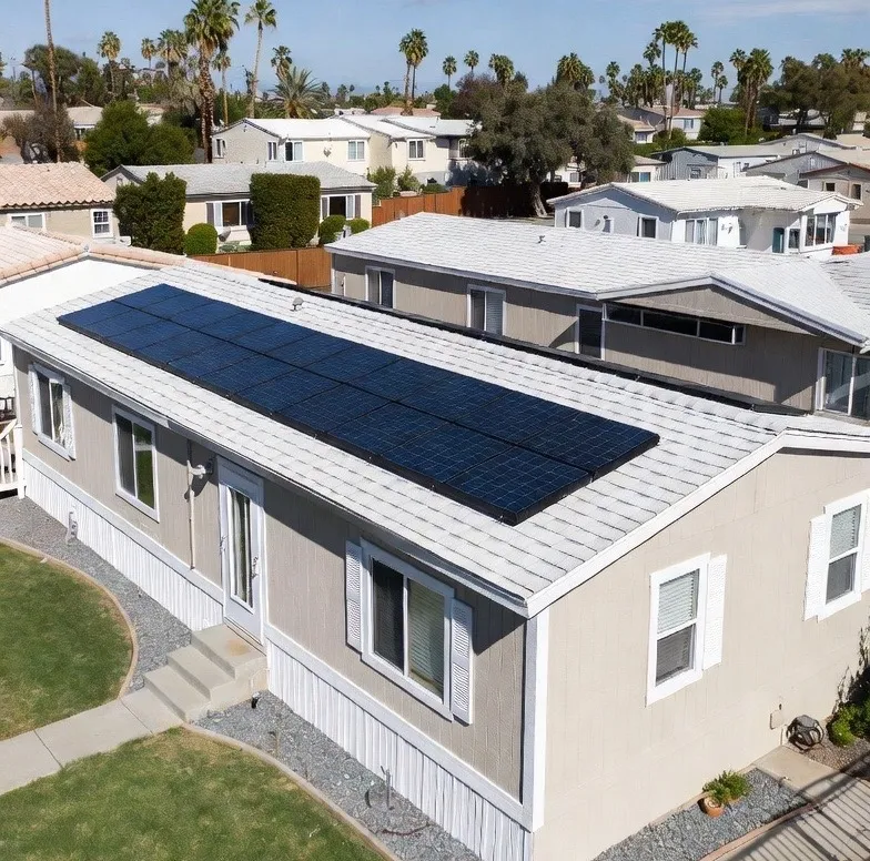 Solar panels installed on the roof of a mobile home in Southern California, showcasing energy-efficient technology for mobile homeowners.